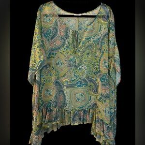 Sweet Pea for New York & Co Sheer Paisley Swim Cover Ruffle Top Sz L/XL